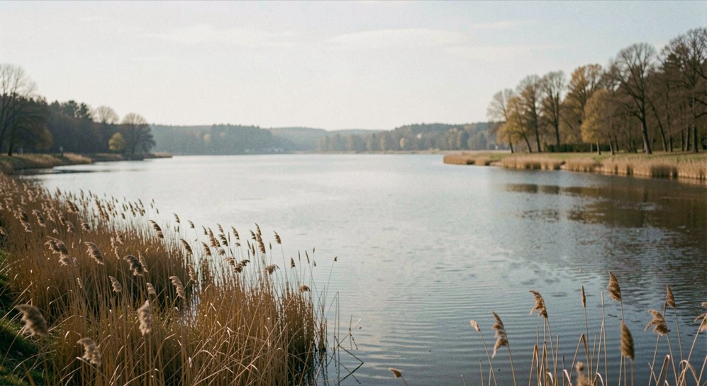 Widok o serwisie małków nad wartą, z wyraźnym planem pierwszym, spokojnym światłem i krajobrazem bez napisów, znaków ani elementów interfejsu.